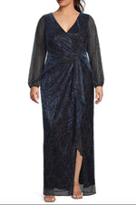 Adrianna Papell Metallic Mesh Surplice V-Neck Long Sleeve A-Line Dress (Plus Size)