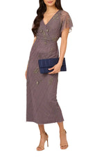 Adrianna Papell Beaded Ankle Length Dress With Sheer Flutter Sleeves Dress