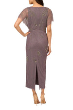 Adrianna Papell Beaded Ankle Length Dress With Sheer Flutter Sleeves Dress