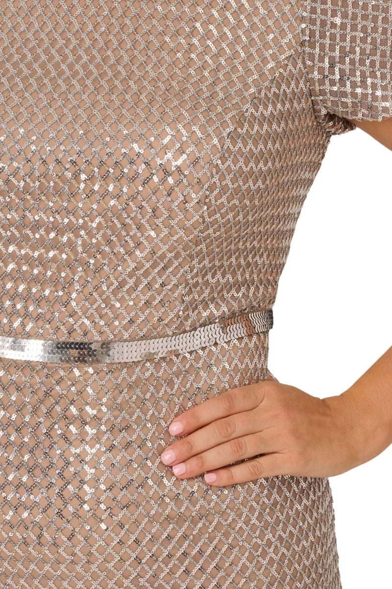 Adriann Papell Sequin Short Sleeve With Embellished Waist In Silver Column Gown (Plus Size)