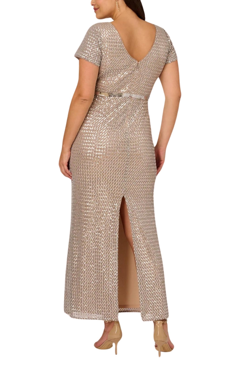 Adriann Papell Sequin Short Sleeve With Embellished Waist In Silver Column Gown (Plus Size)