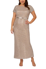 Adriann Papell Sequin Short Sleeve With Embellished Waist In Silver Column Gown (Plus Size)