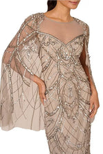 Adrianna Papell Sweetheart Boat Neck Cape Sleeves Beaded Mesh Illusion Trim Flutter Hemline Sheath Floor-Length Silhouette Dress