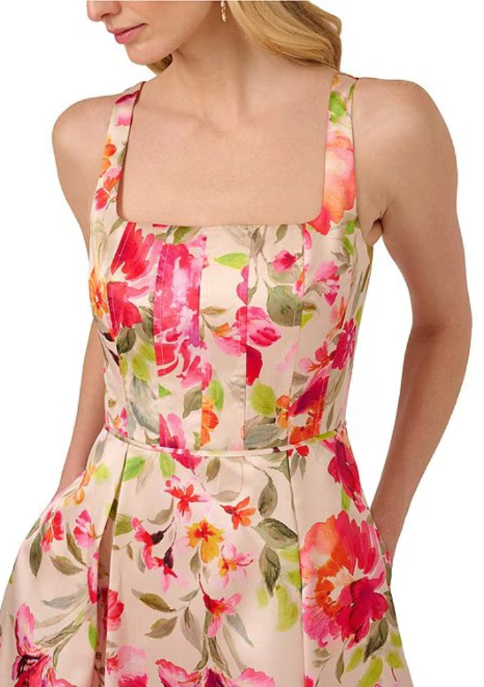 Adrianna Papell Floral Print Square Neckline Sleeveless Back Zipper Closure Seamed Bodice Midi Dress