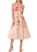 Adrianna Papell Floral Print Square Neckline Sleeveless Back Zipper Closure Seamed Bodice Midi Dress