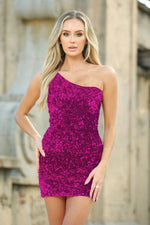 Aria One Shoulder Sequin Mini Dress - Fuchsia - By Baano
