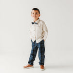 Boys Blue Plaid Cord Set, with Linen Shirt with Bow - By Baano