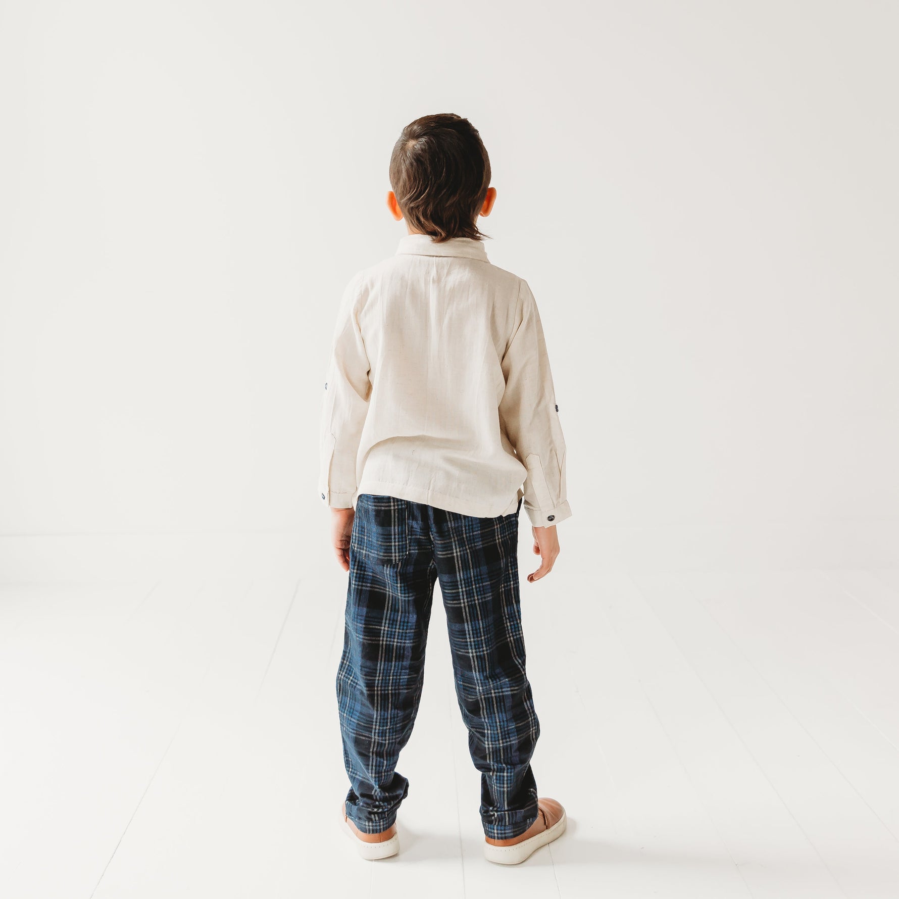 Boys Blue Plaid Cord Set, with Linen Shirt with Bow - By Baano
