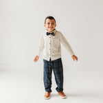 Boys Blue Plaid Cord Set, with Linen Shirt with Bow - By Baano