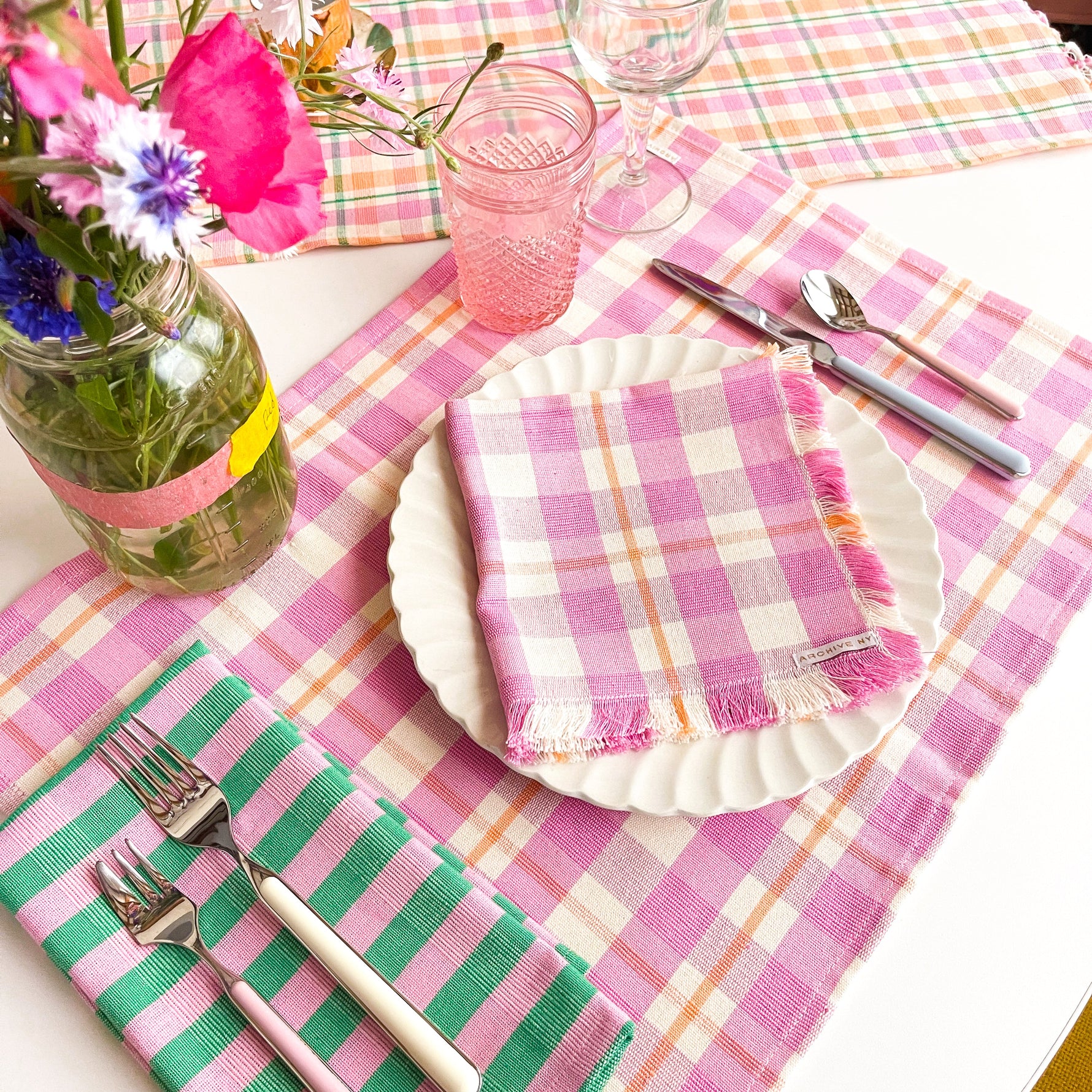 Backordered: Abigail Plaid Party Napkin in Bubblegum and Peach