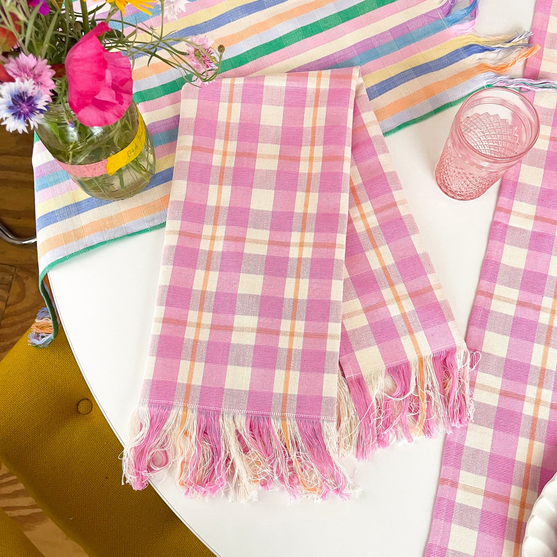 Abigail Plaid Kitchen Towel in Bubblegum and Peach