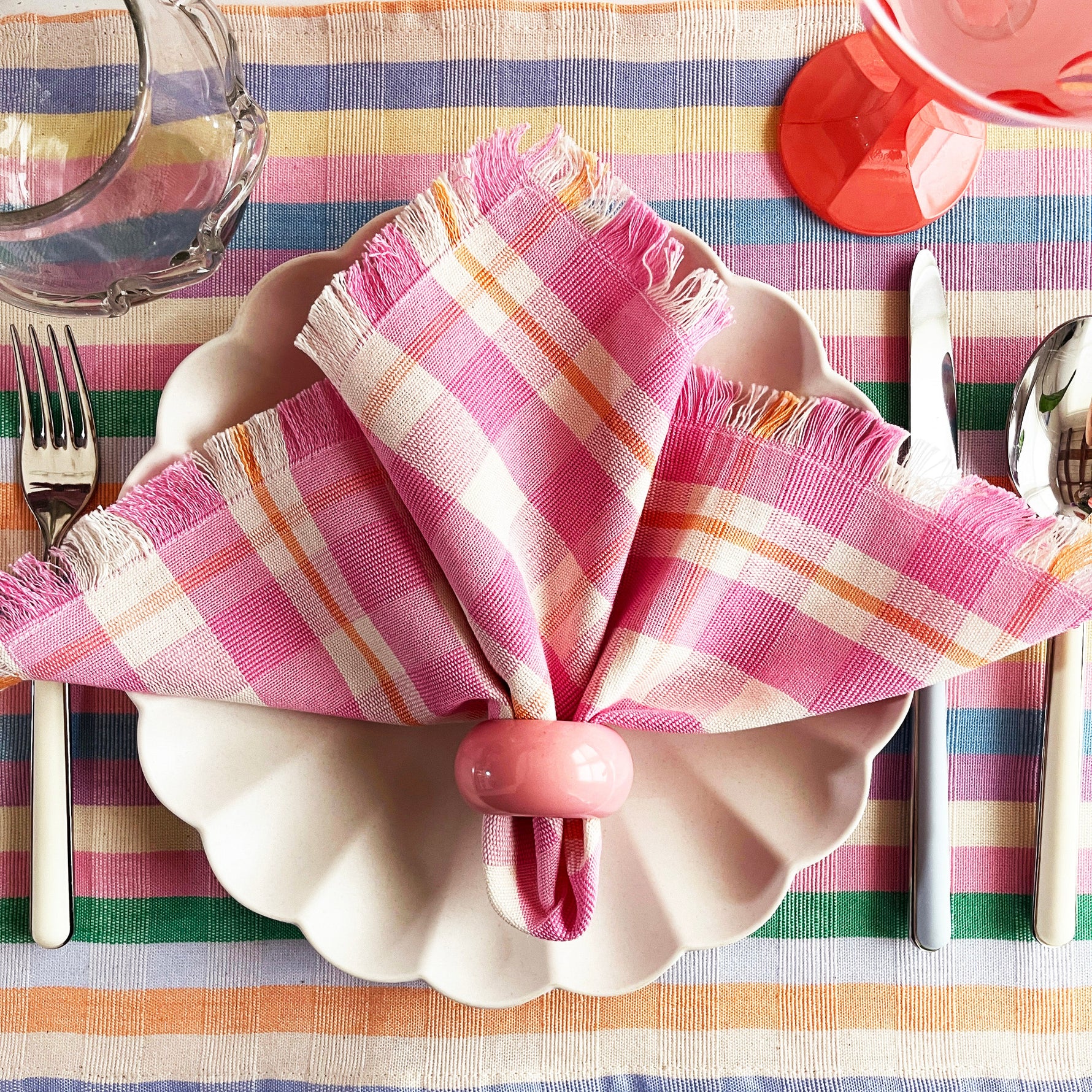 Backordered: Abigail Plaid Party Napkin in Bubblegum and Peach