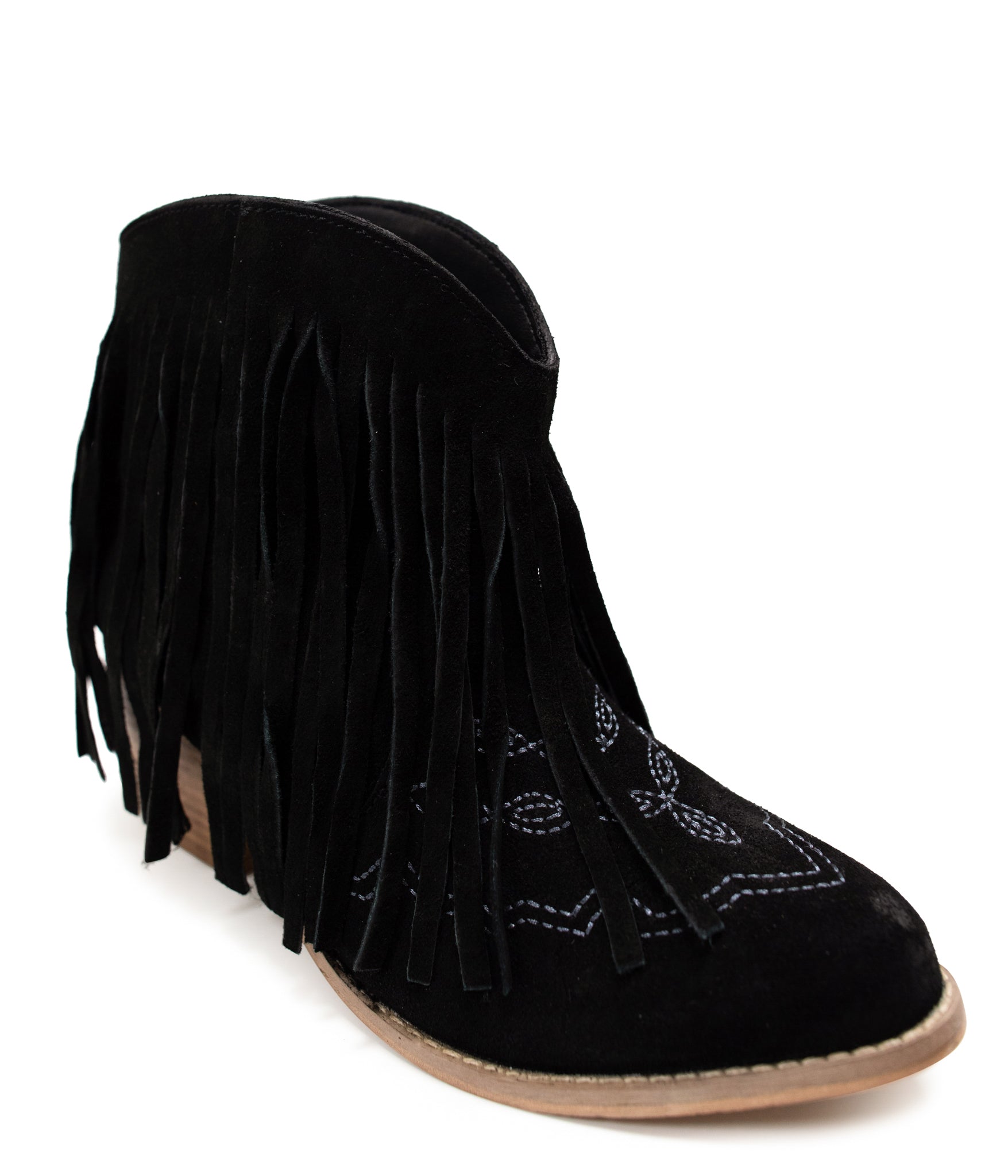 Amos Fringe Ankle Bootie in Black Suede Naughty Monkey
