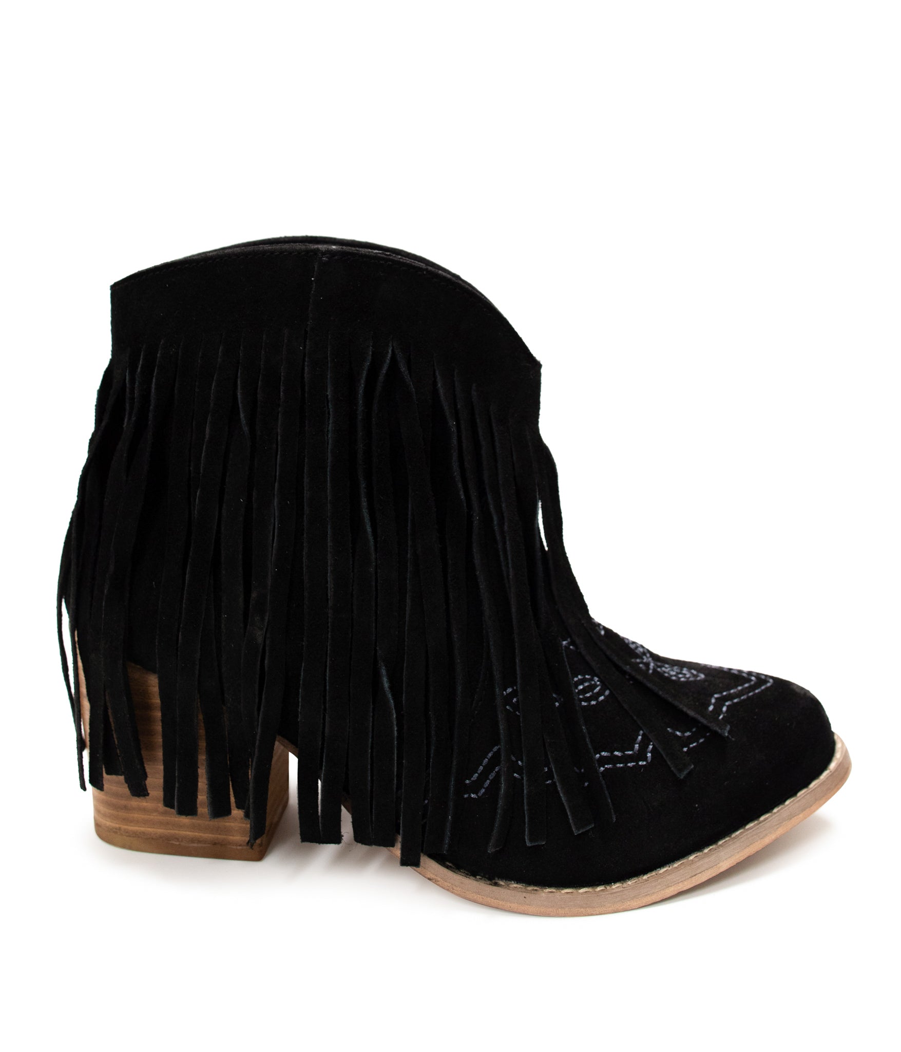 Amos Fringe Ankle Bootie in Black Suede Naughty Monkey