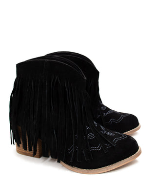 Amos Fringe Ankle Bootie in Black Suede - By Baano