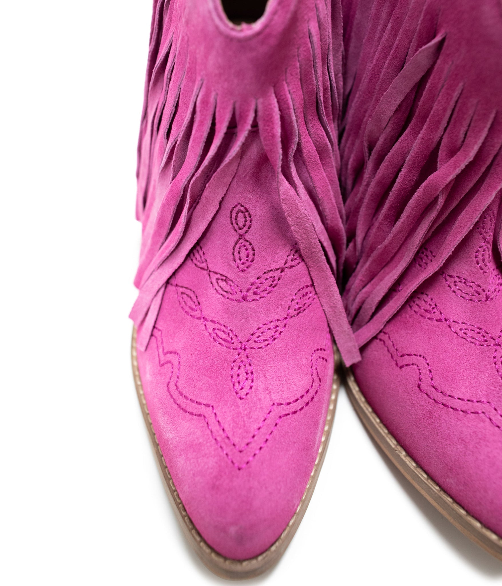 Amos Fringe Ankle Bootie in Magenta Suede Naughty Monkey