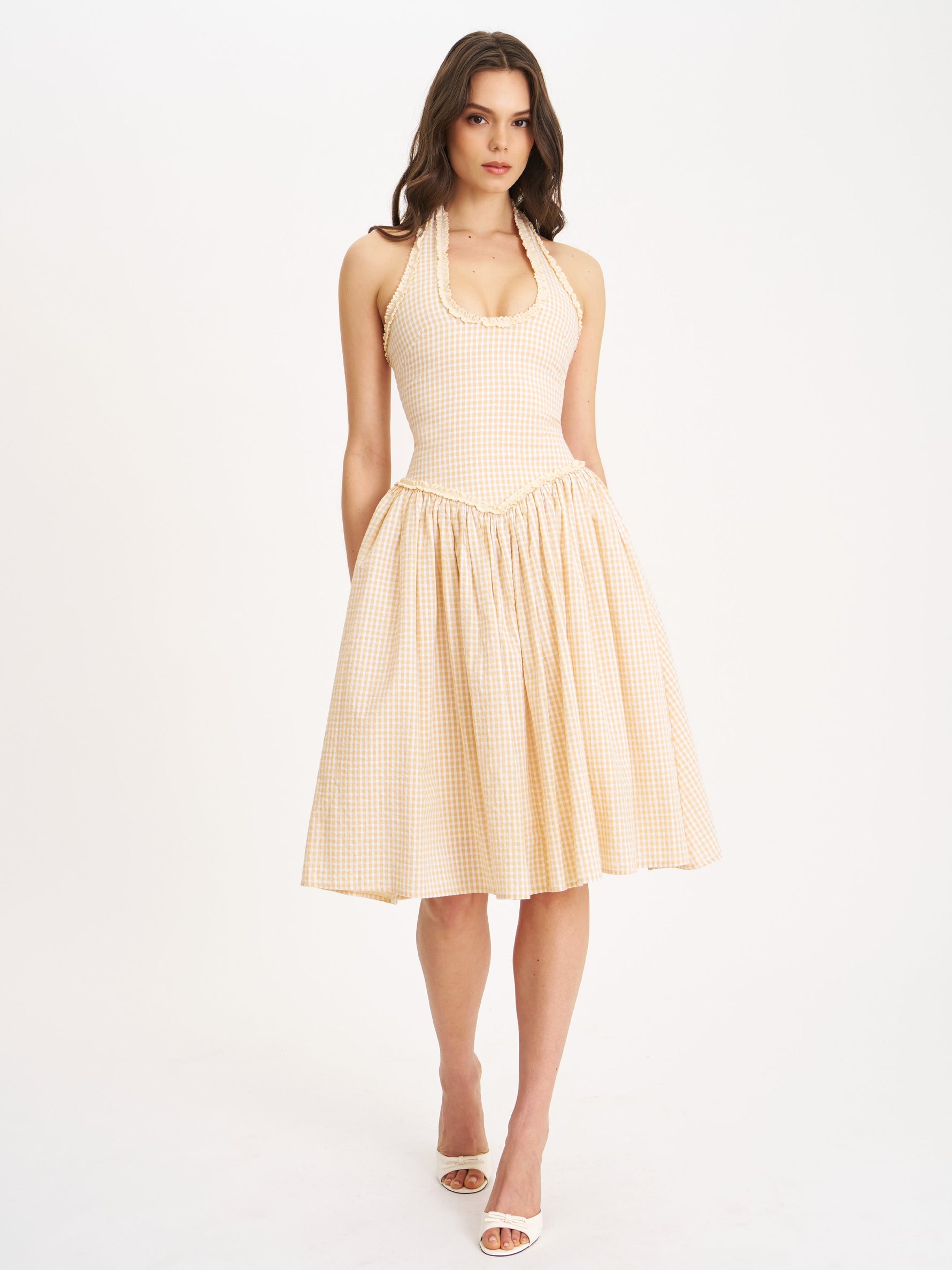 Idella Yellow Gingham U Neck Midi Dress
