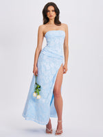 Xatia Baby Blue Jacquard Textured High Slit Maxi Dress Miss Circle