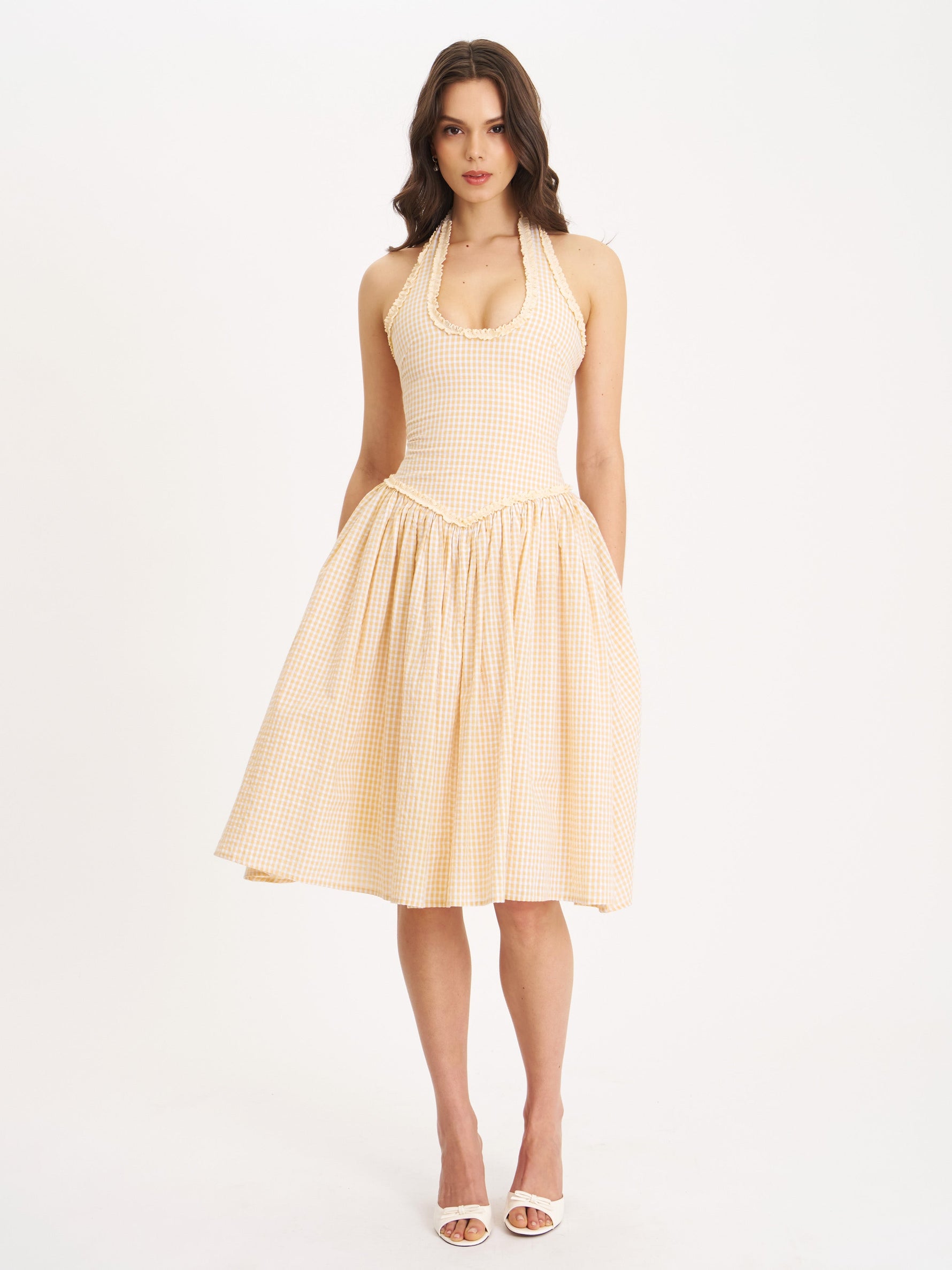 Idella Yellow Gingham U Neck Midi Dress