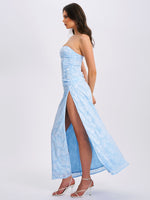 Xatia Baby Blue Jacquard Textured High Slit Maxi Dress Miss Circle