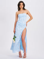 Xatia Baby Blue Jacquard Textured High Slit Maxi Dress Miss Circle
