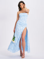 Xatia Baby Blue Jacquard Textured High Slit Maxi Dress Miss Circle