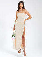 Xatia Off White Jacquard Textured High Slit Maxi Dress Miss Circle