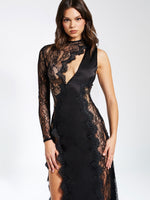 Weslyn Black Satin Lace High Slit Dress