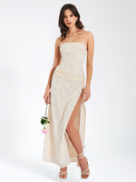 Xatia Off White Jacquard Textured High Slit Maxi Dress Miss Circle