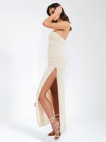 Xatia Off White Jacquard Textured High Slit Maxi Dress Miss Circle