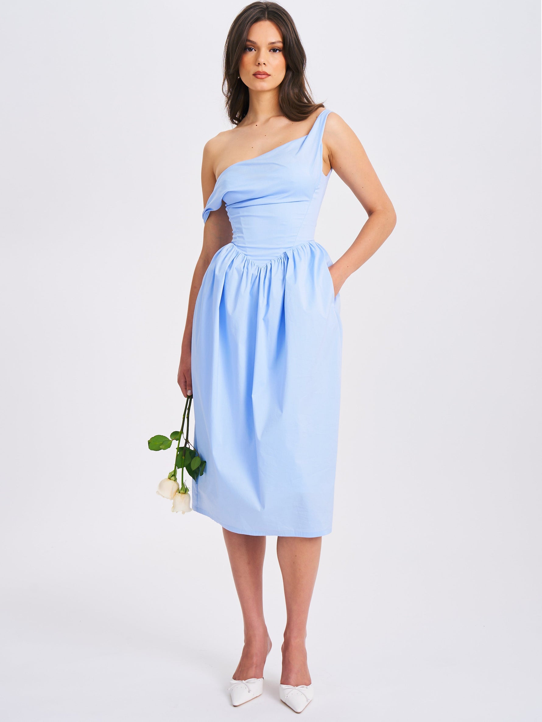 Reina Blue Drop Waist Corset Midi Dress Miss Circle