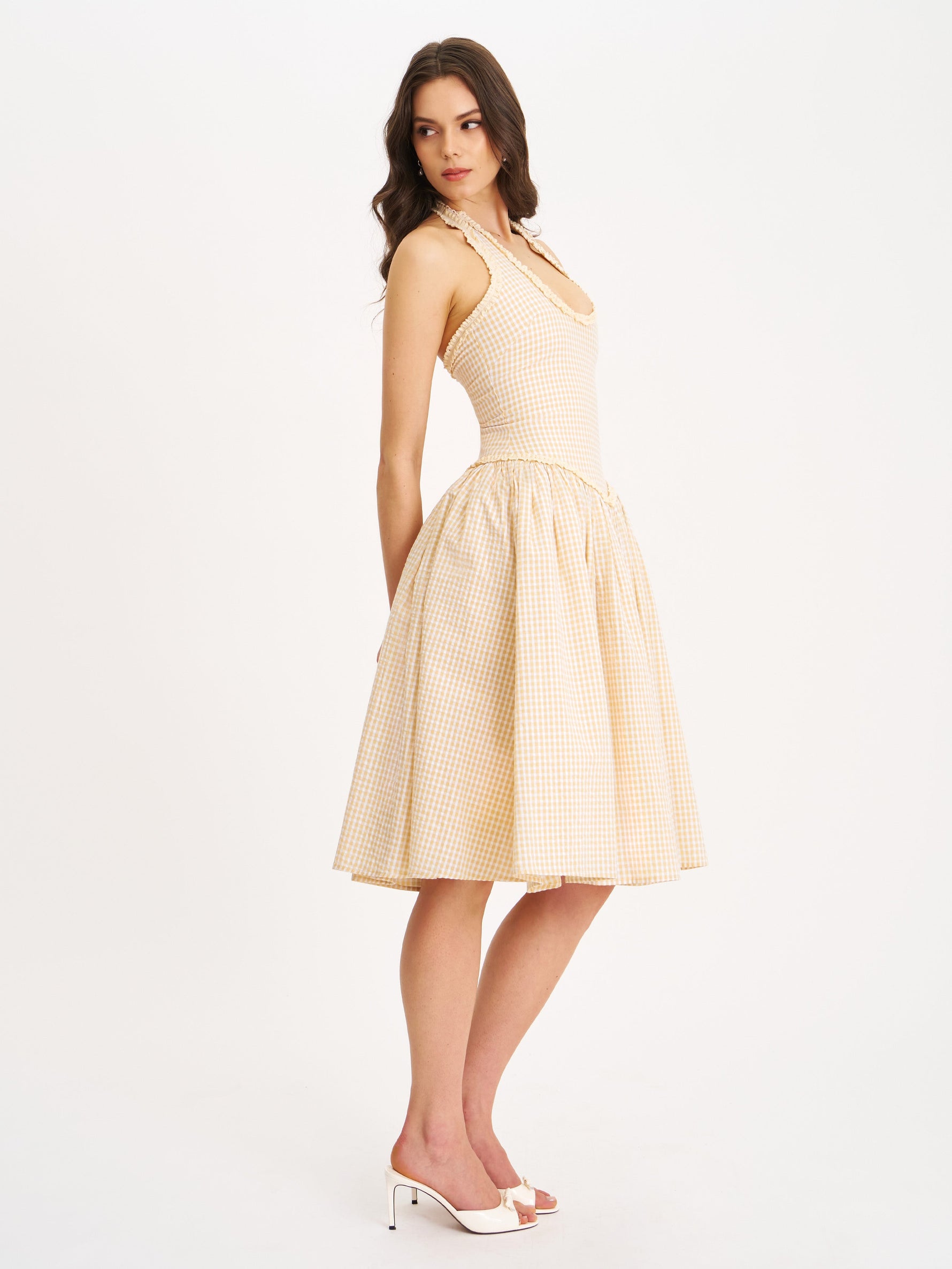 Idella Yellow Gingham U Neck Midi Dress