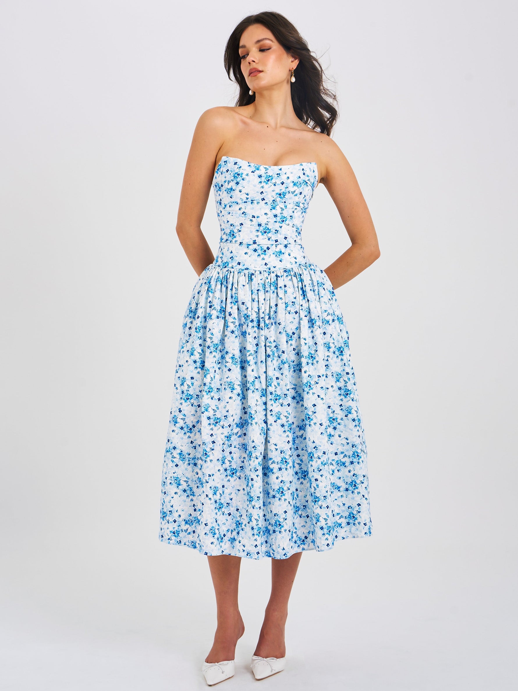 Paloma Blue Print Linen Corset Draping Top Midi Dress Miss Circle