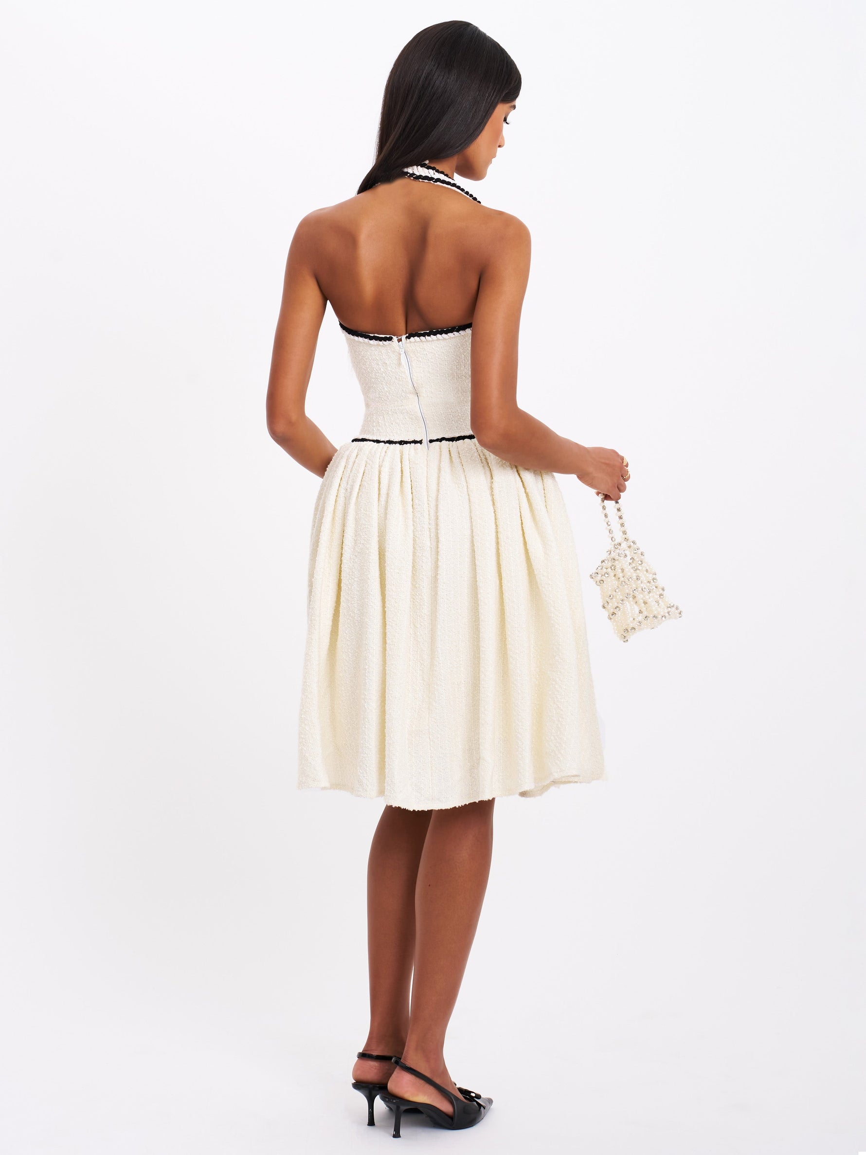 Natalie U Neck Halter Drop Waist Tweed Midi Dress Miss Circle