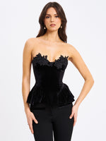 Qiara Black Velvet Peplum Top with Lace Trim Miss Circle
