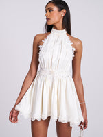 Idalia Pearl White Beaded Lace Trim Backless Halter Mini Dress Miss Circle