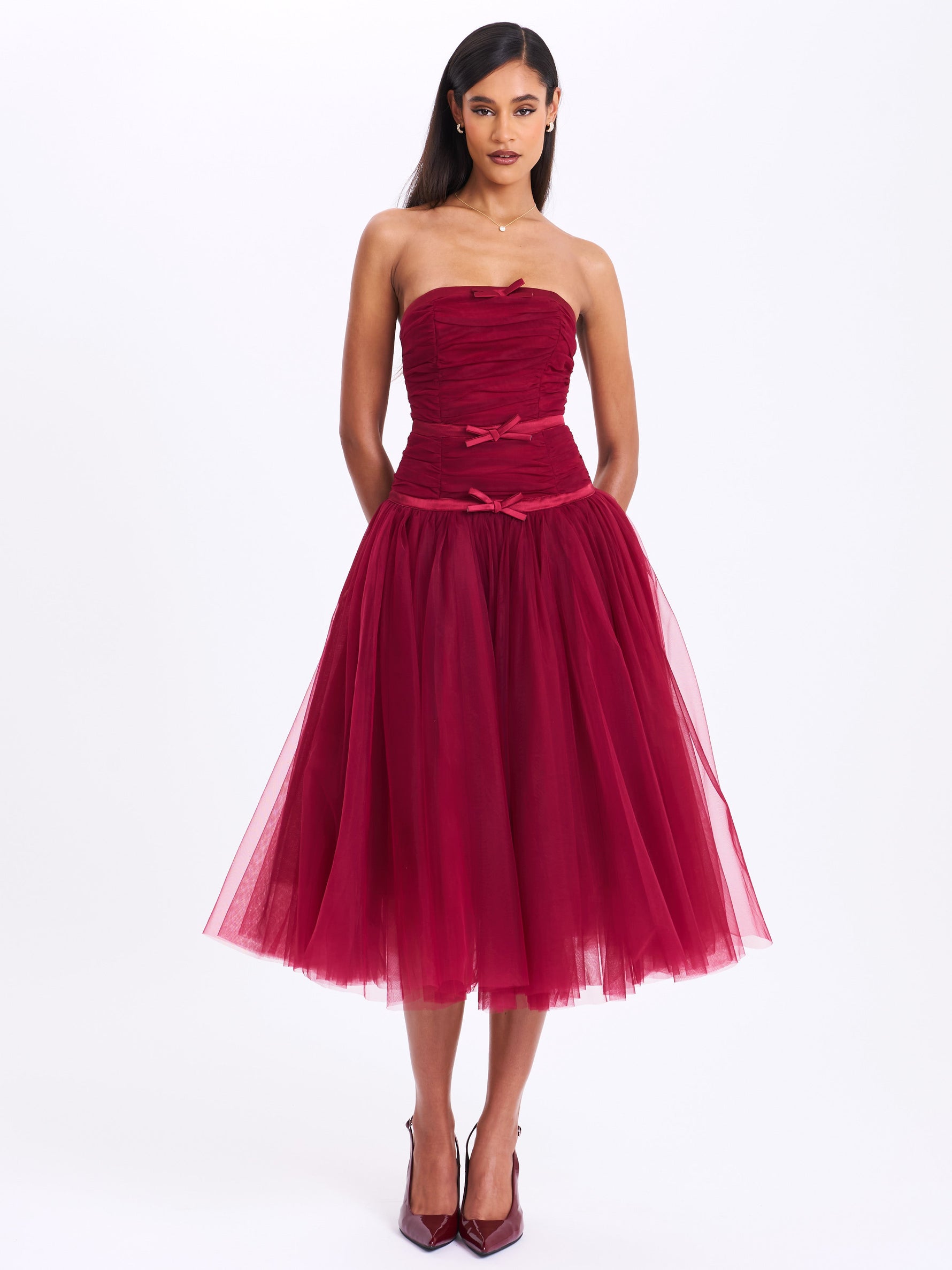Mabel Burgundy Drop Waist Layered Mesh Midi Puffy Dress with Bow Miss Circle