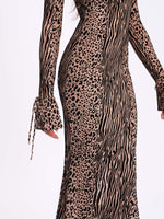 Waylynn Nude Black Animal Print Burnout Velvet Detail Mesh Backless Maxi Dress