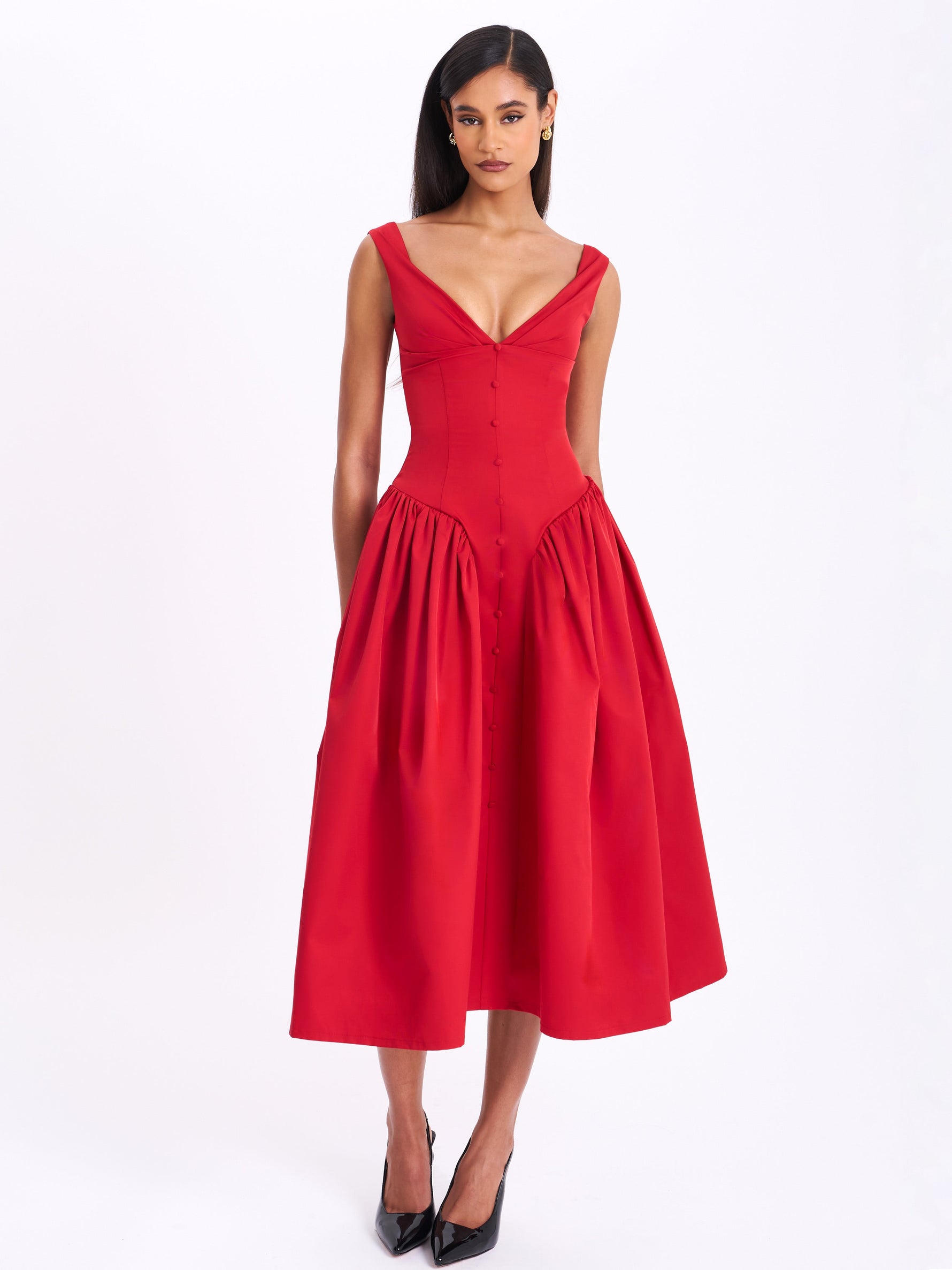 Nahla Red Drop Waist Midi Dress with Buttons Miss Circle