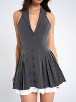 Hazel Grey Preppy Halter Neck Pleated Mini Dress Miss Circle