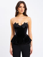 Qiara Black Velvet Peplum Top with Lace Trim Miss Circle