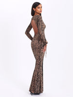 Waylynn Nude Black Animal Print Burnout Velvet Detail Mesh Backless Maxi Dress