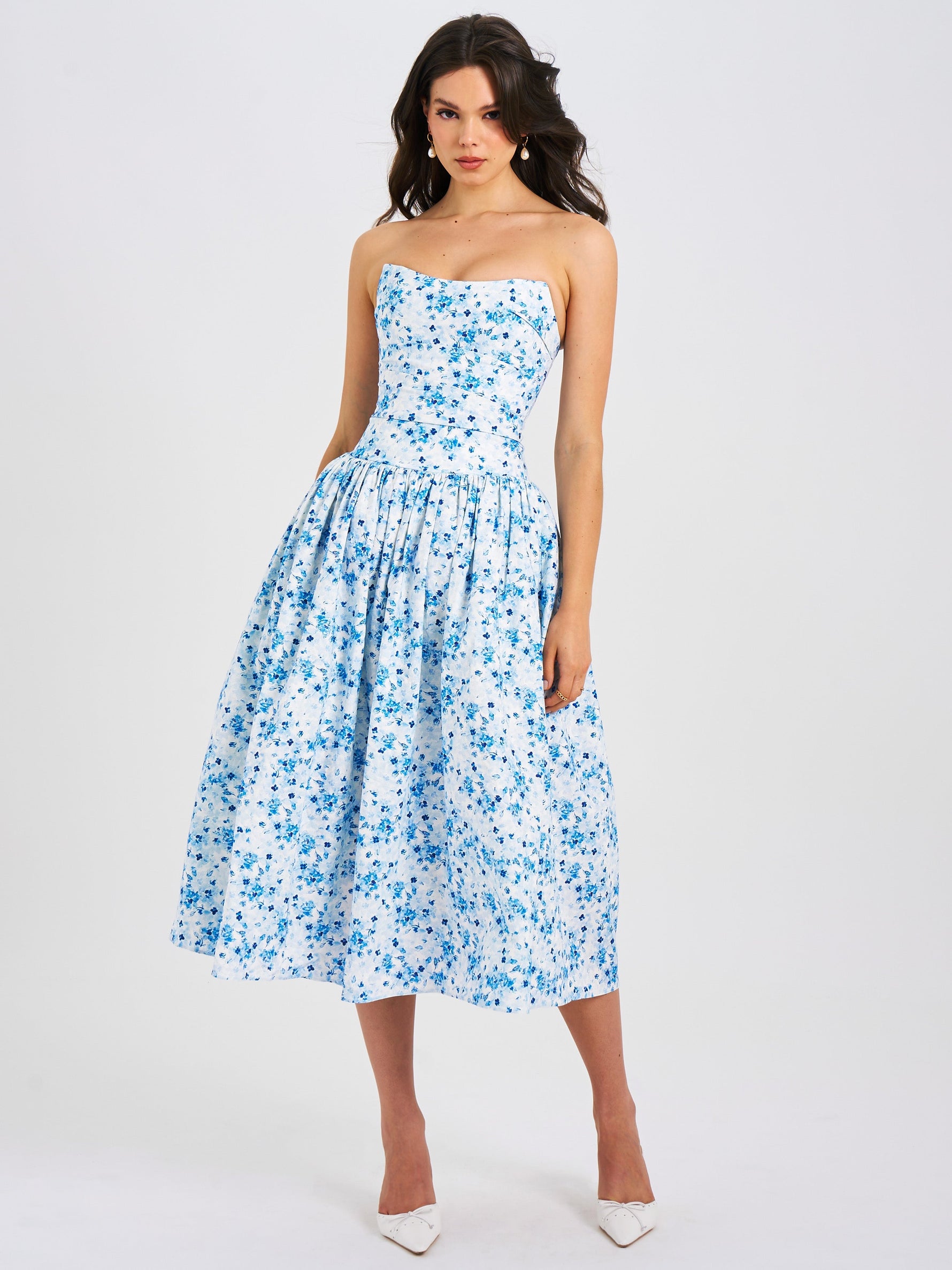 Paloma Blue Print Linen Corset Draping Top Midi Dress Miss Circle