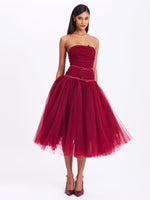 Mabel Burgundy Drop Waist Layered Mesh Midi Puffy Dress with Bow Miss Circle