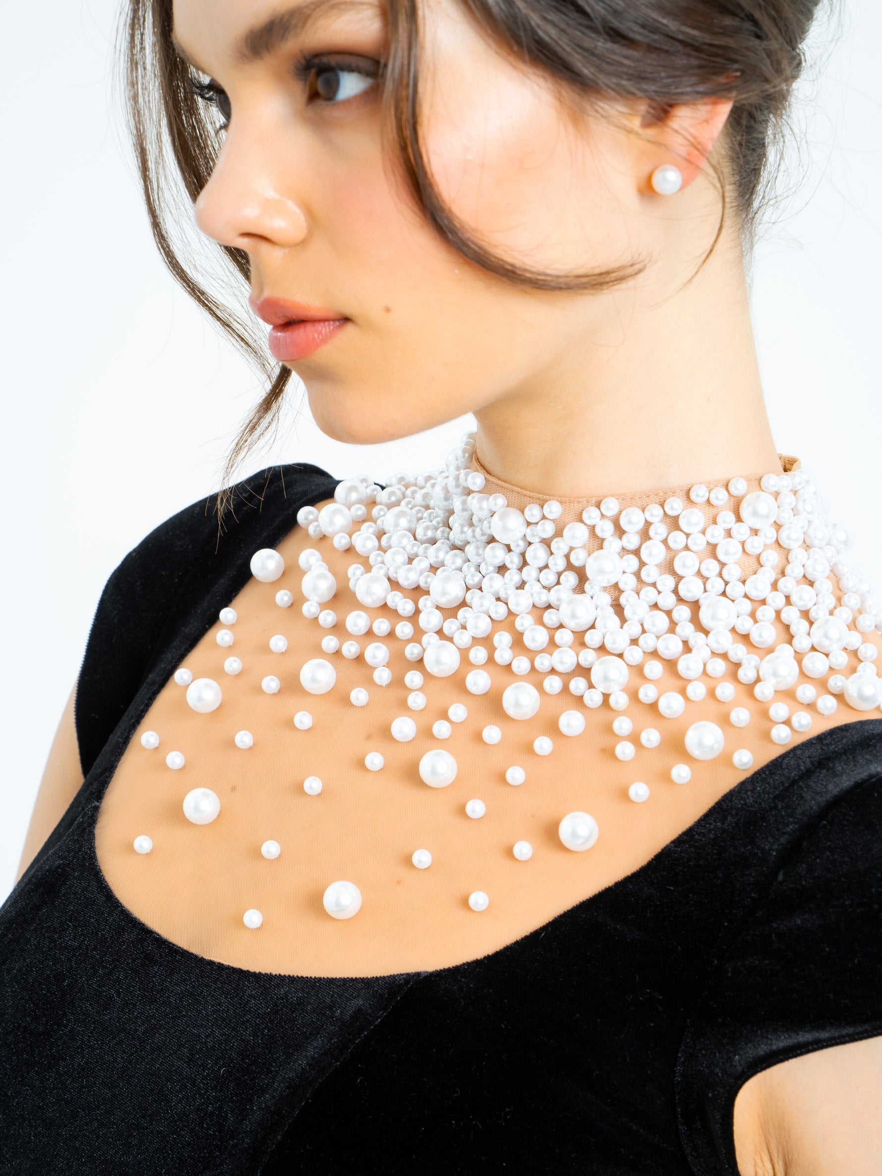 Rachael Black Velvet Pearl Embellished Gown Miss Circle