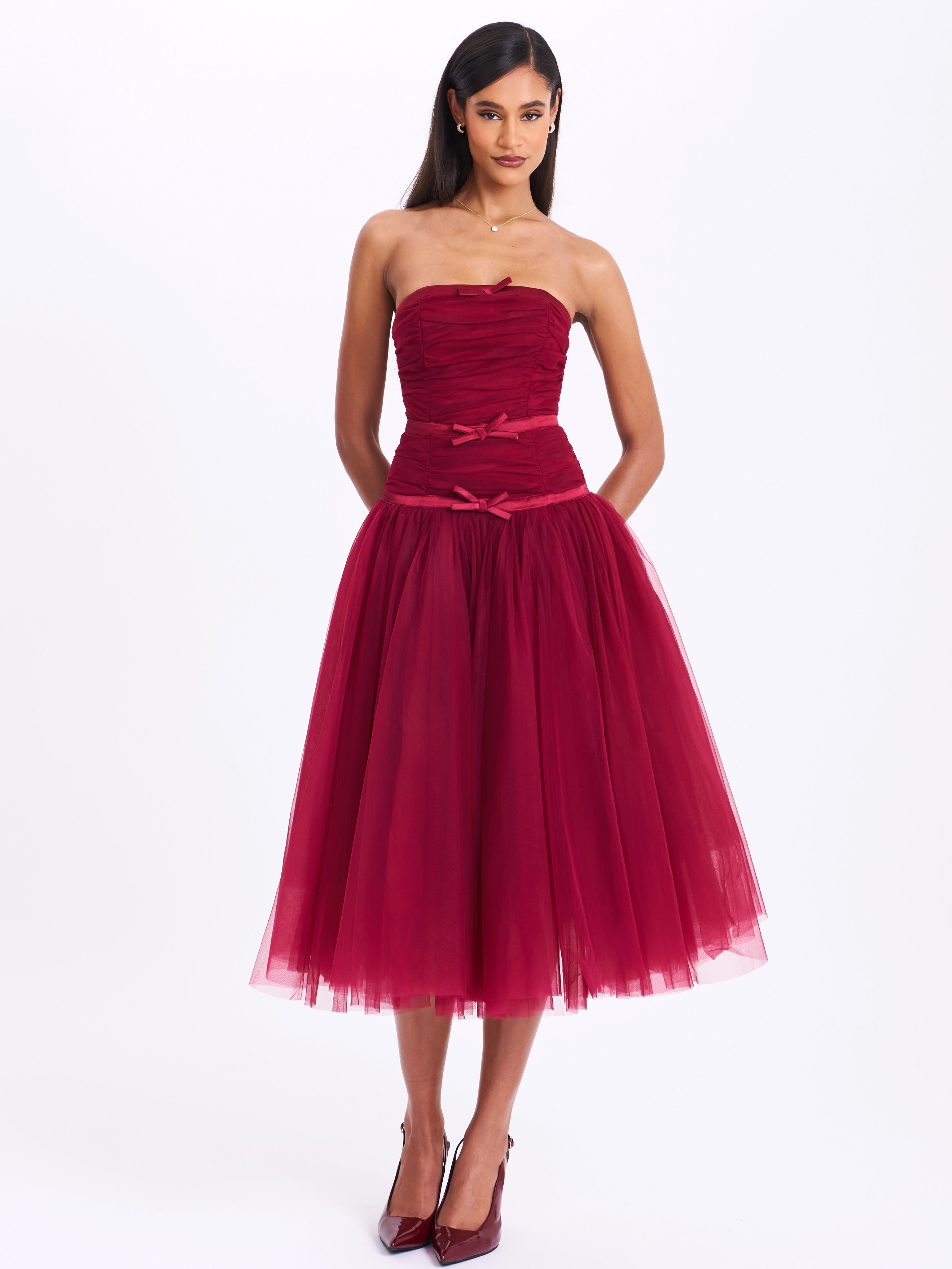 Mabel Burgundy Drop Waist Layered Mesh Midi Puffy Dress with Bow Miss Circle