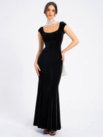 Rachael Black Velvet Pearl Embellished Gown Miss Circle
