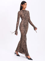 Waylynn Nude Black Animal Print Burnout Velvet Detail Mesh Backless Maxi Dress