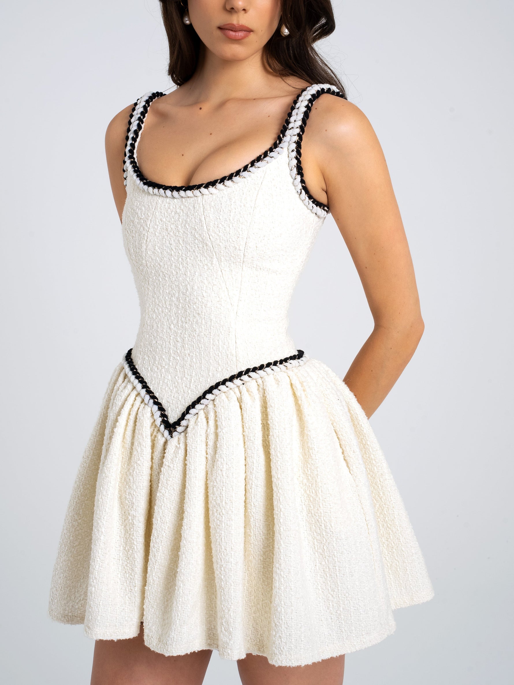 Coco White Boucle Tweed V Waist Mini Dress Miss Circle