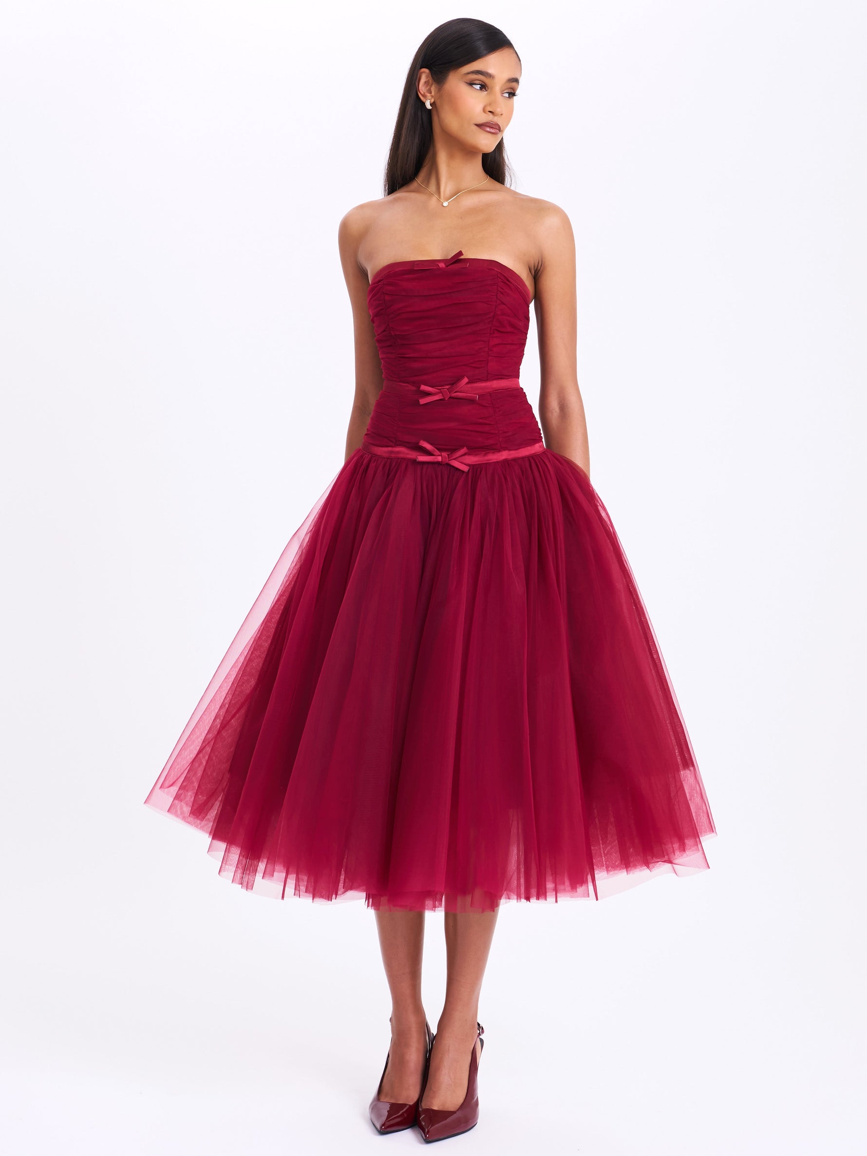 Mabel Burgundy Drop Waist Layered Mesh Midi Puffy Dress with Bow Miss Circle